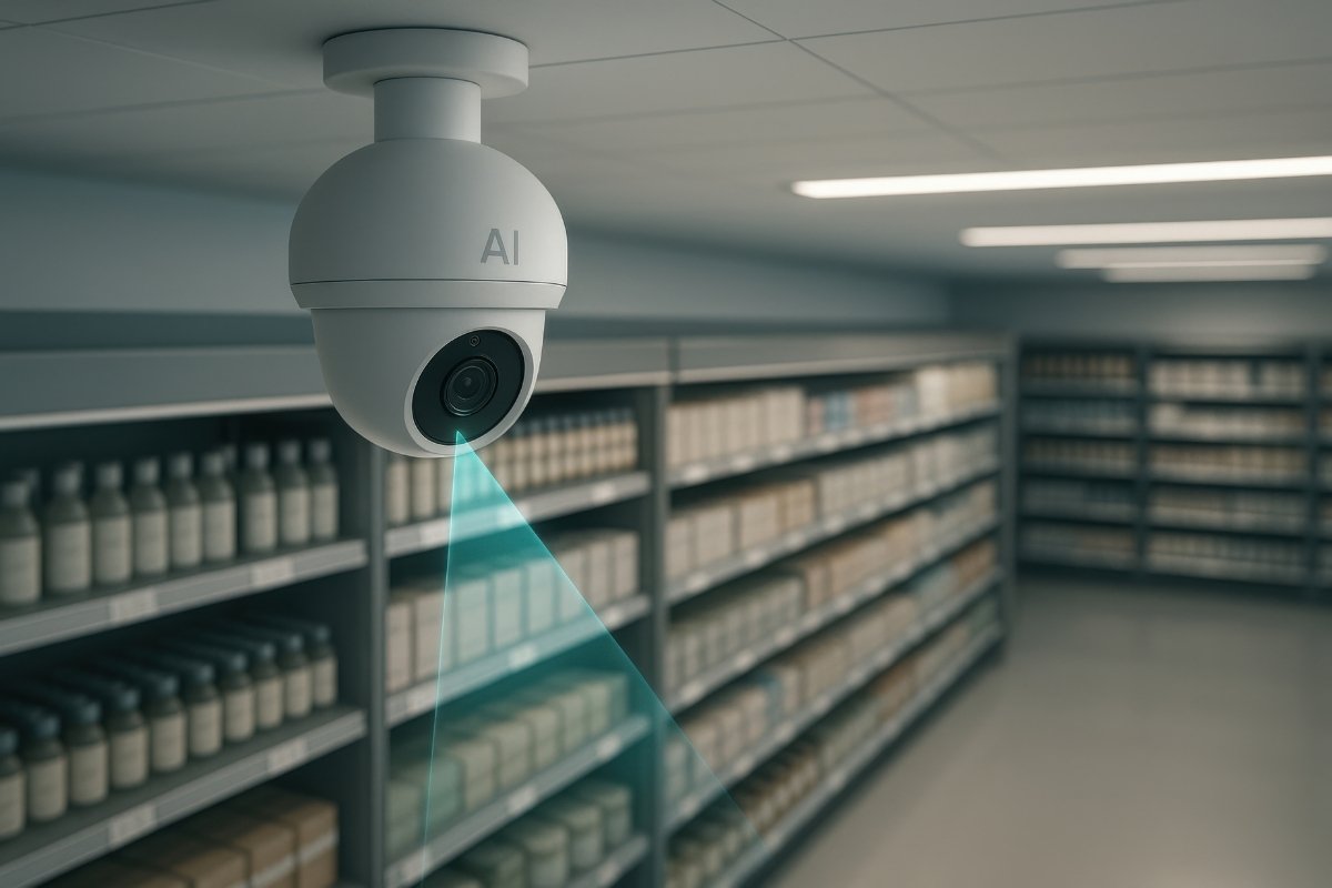 Camera de vidéosurveillance intelligente accrochée au plafond d'un commerce